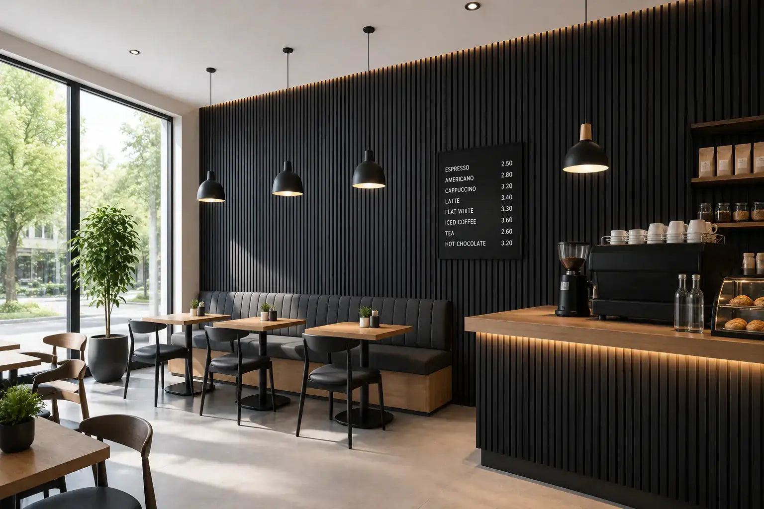 Akupanel Antraciet donkere lattenwand woonkamer | Elite Decoration