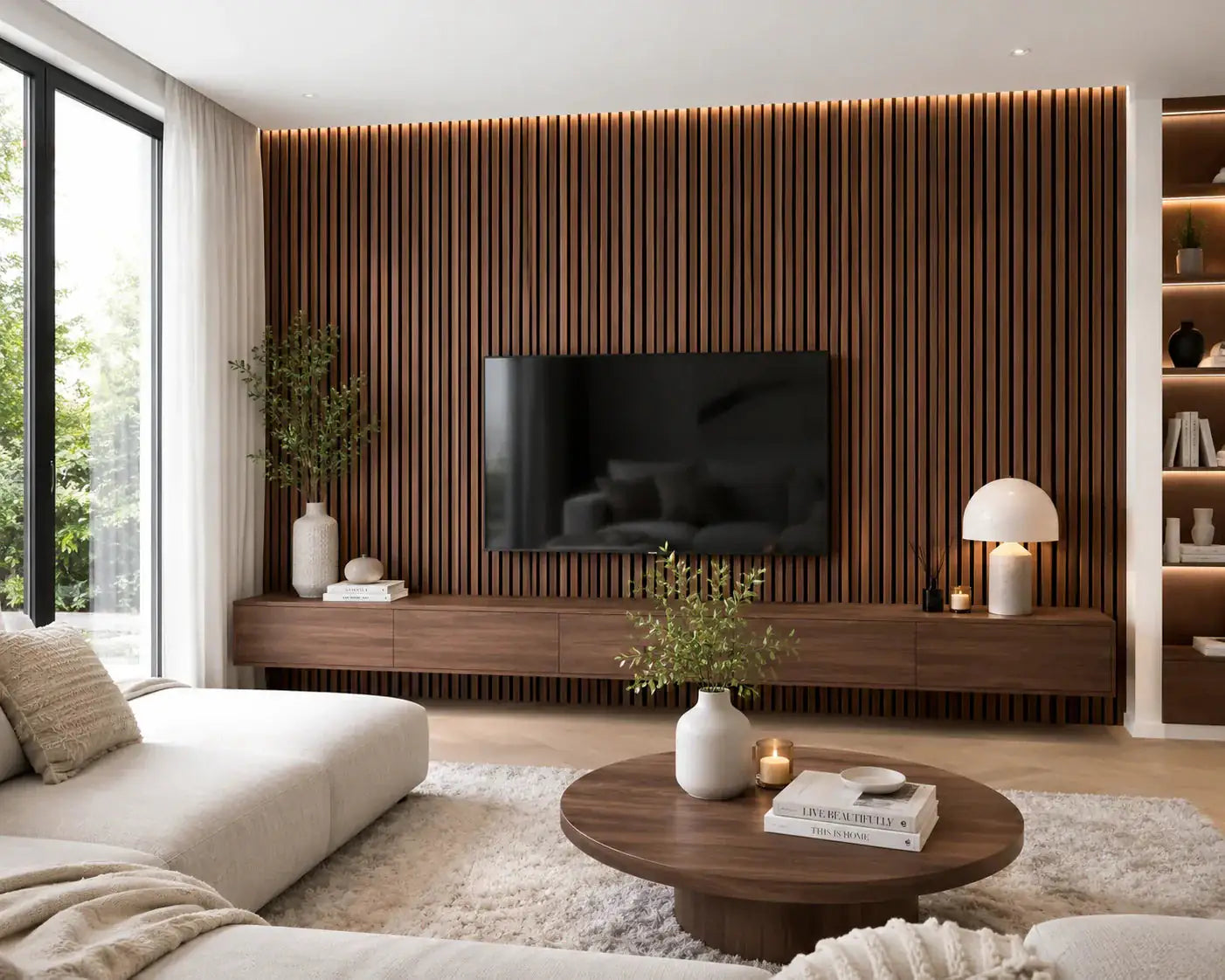 Akupanel Gerookt Walnoot houten latten detail | Elite Decoration