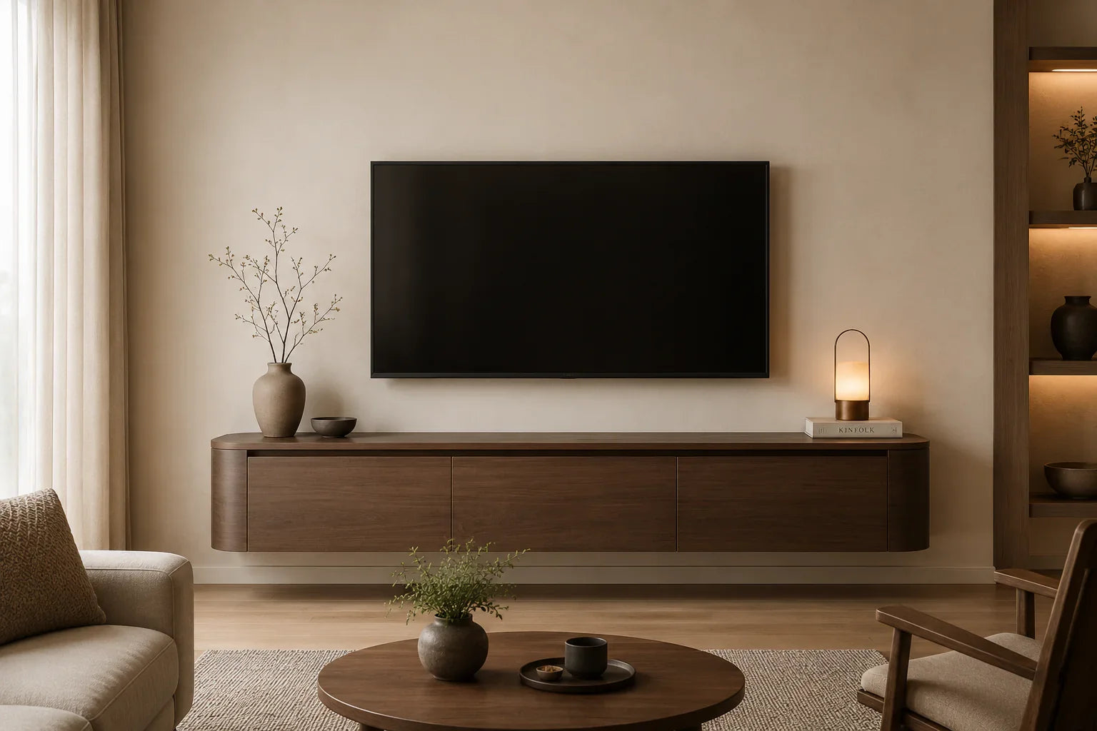 Japandi TV-meubel Walnut close-up houtstructuur | Elite Decoration