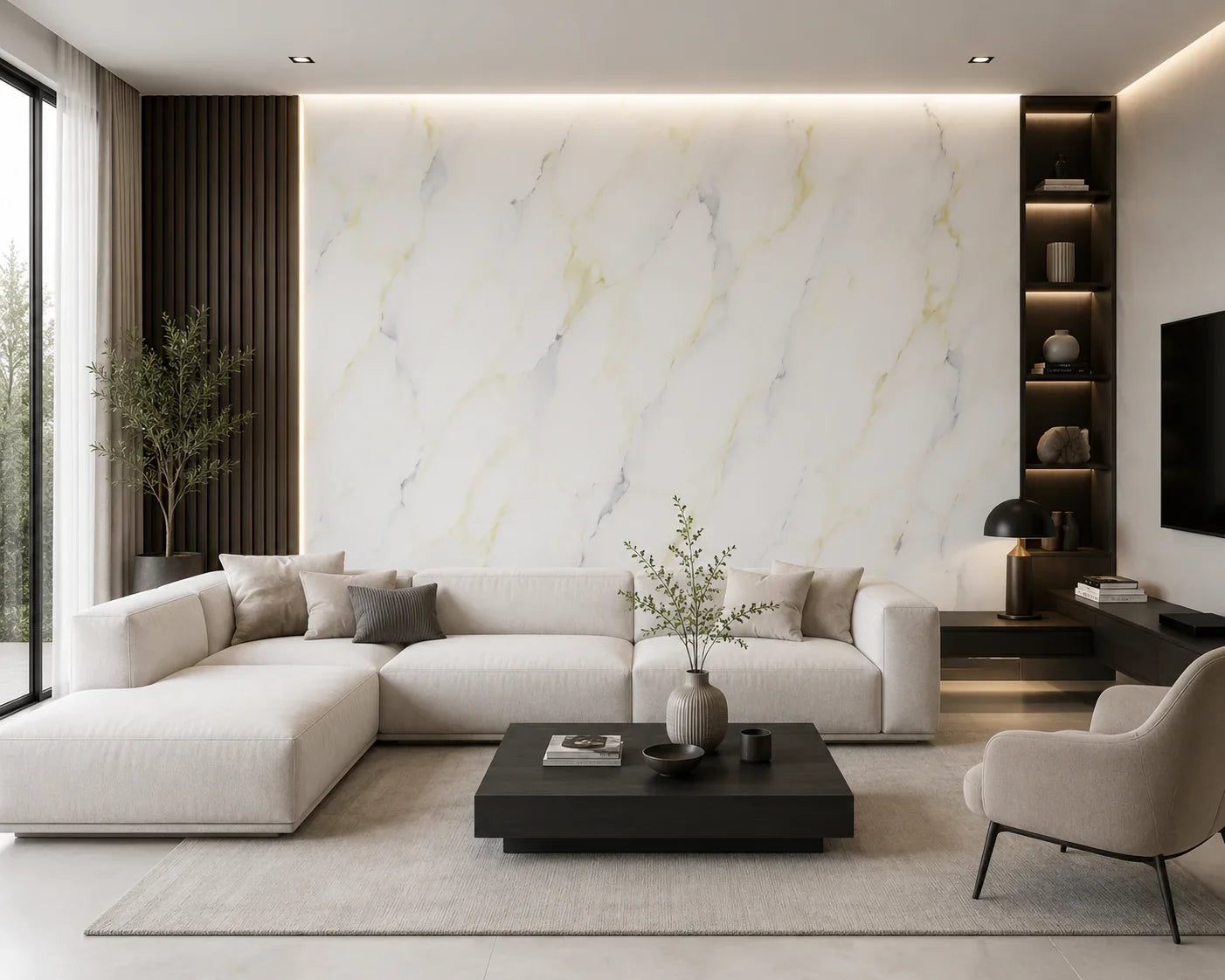 Marineblauw marmerlook wandpaneel sfeer interieur | Elite Decoration