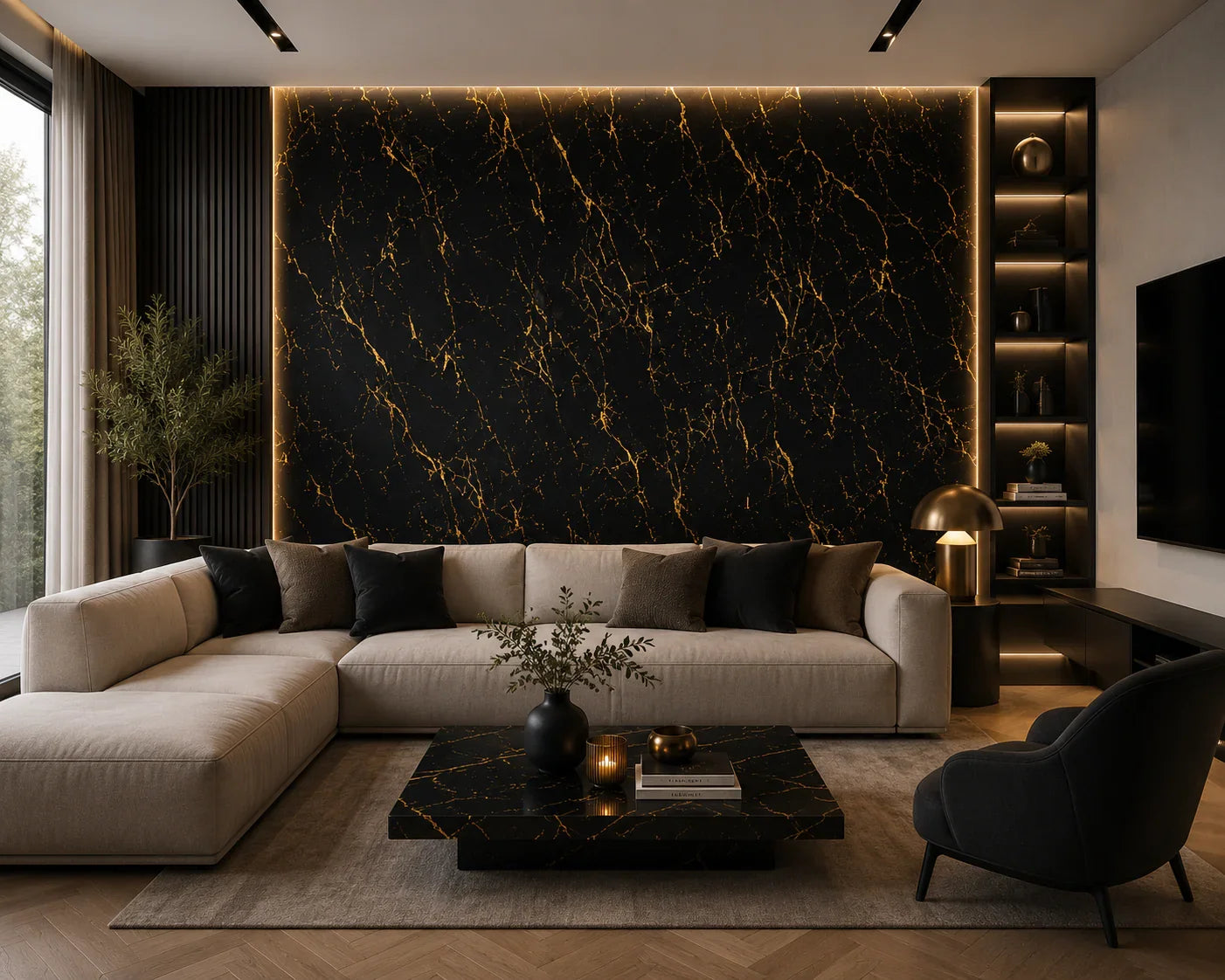 Gold Black marmerlook wandpaneel luxe woning | Elite Decoration