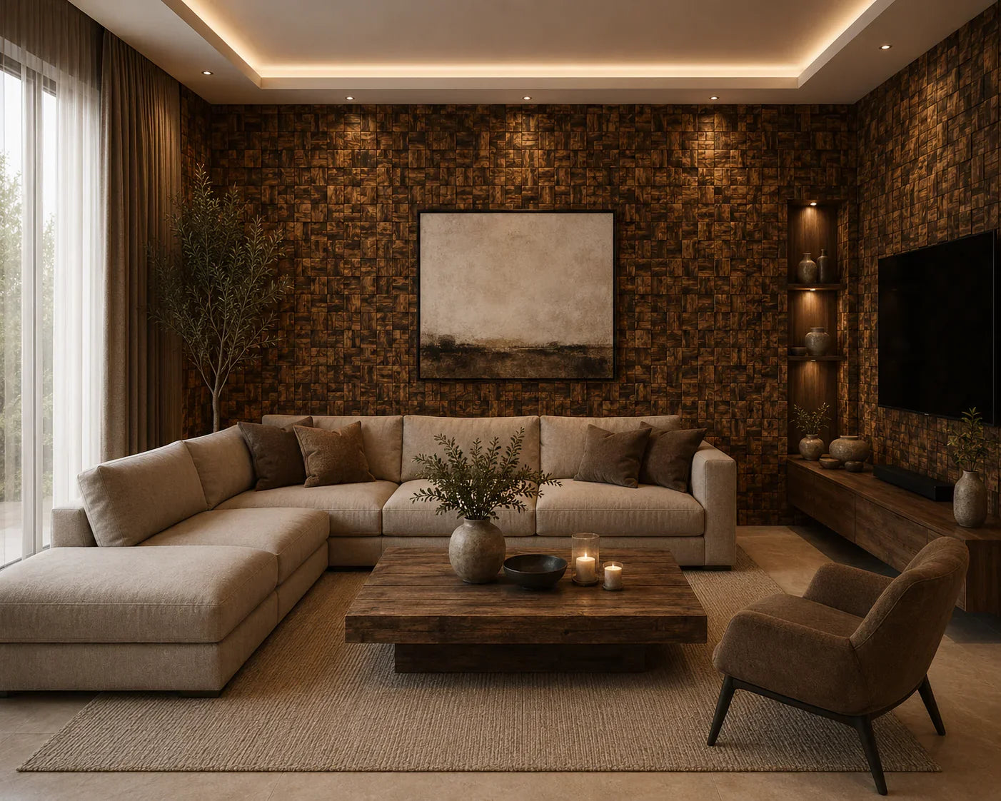 Houtmozaïek wandpaneel sfeer interieur | Elite Decoration