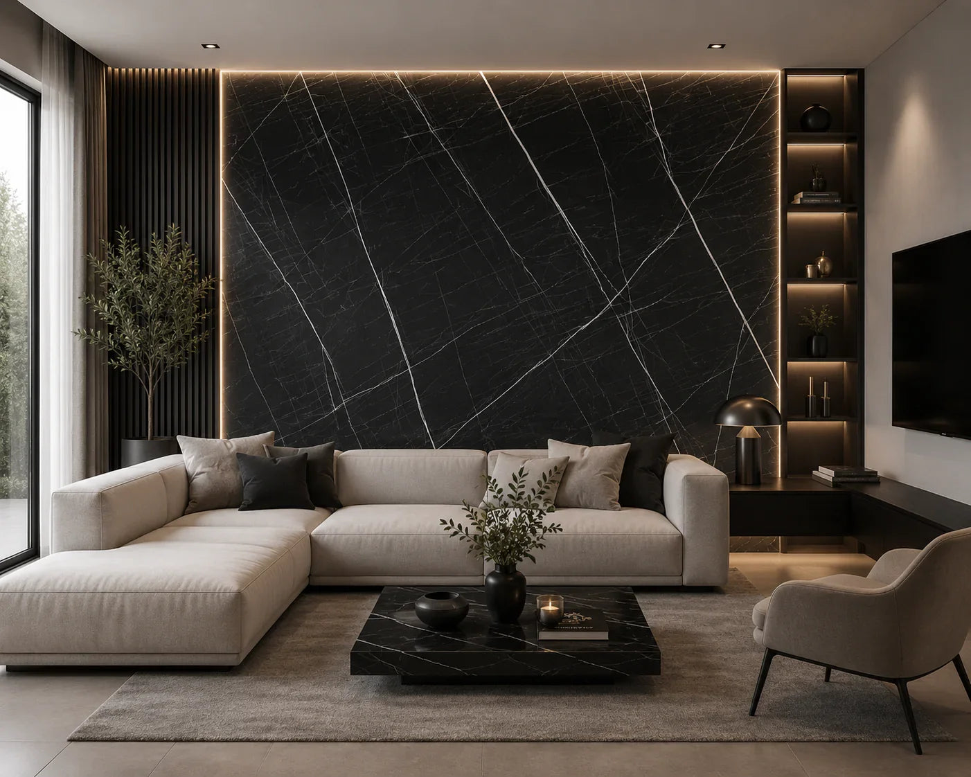 Nachtstorm marmerlook wandpaneel sfeer badkamer | Elite Decoration