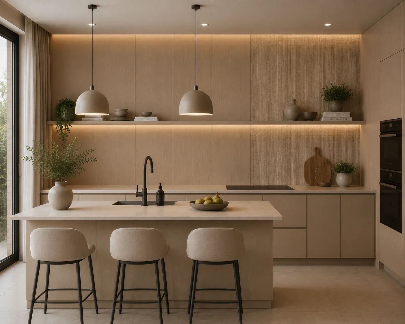Latte Beige bamboe wandpaneel gemonteerd woonkamer | Elite Decoration