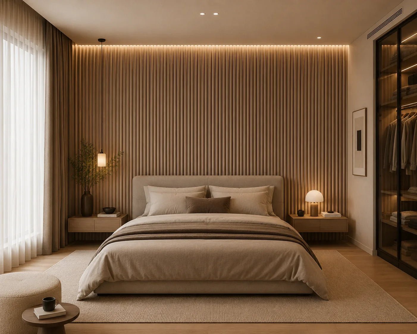 Slaapkamer met akoestisch suede wandpaneel als hoofdwand
