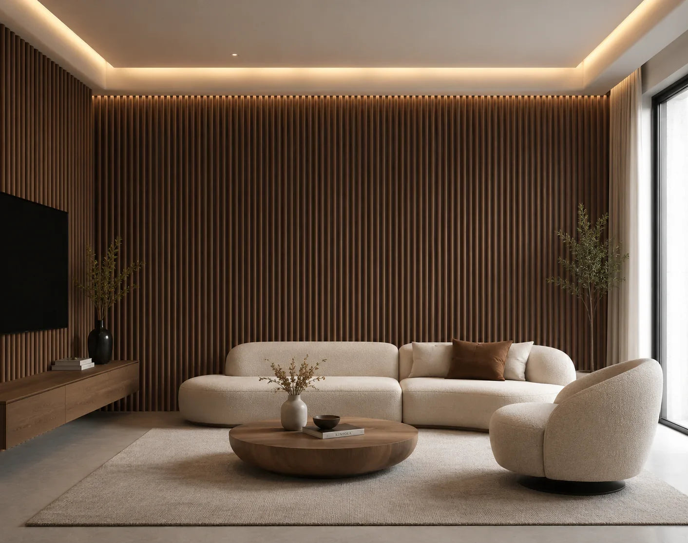 Suede wandpanelen Walnoot sfeer interieur | Elite Decoration