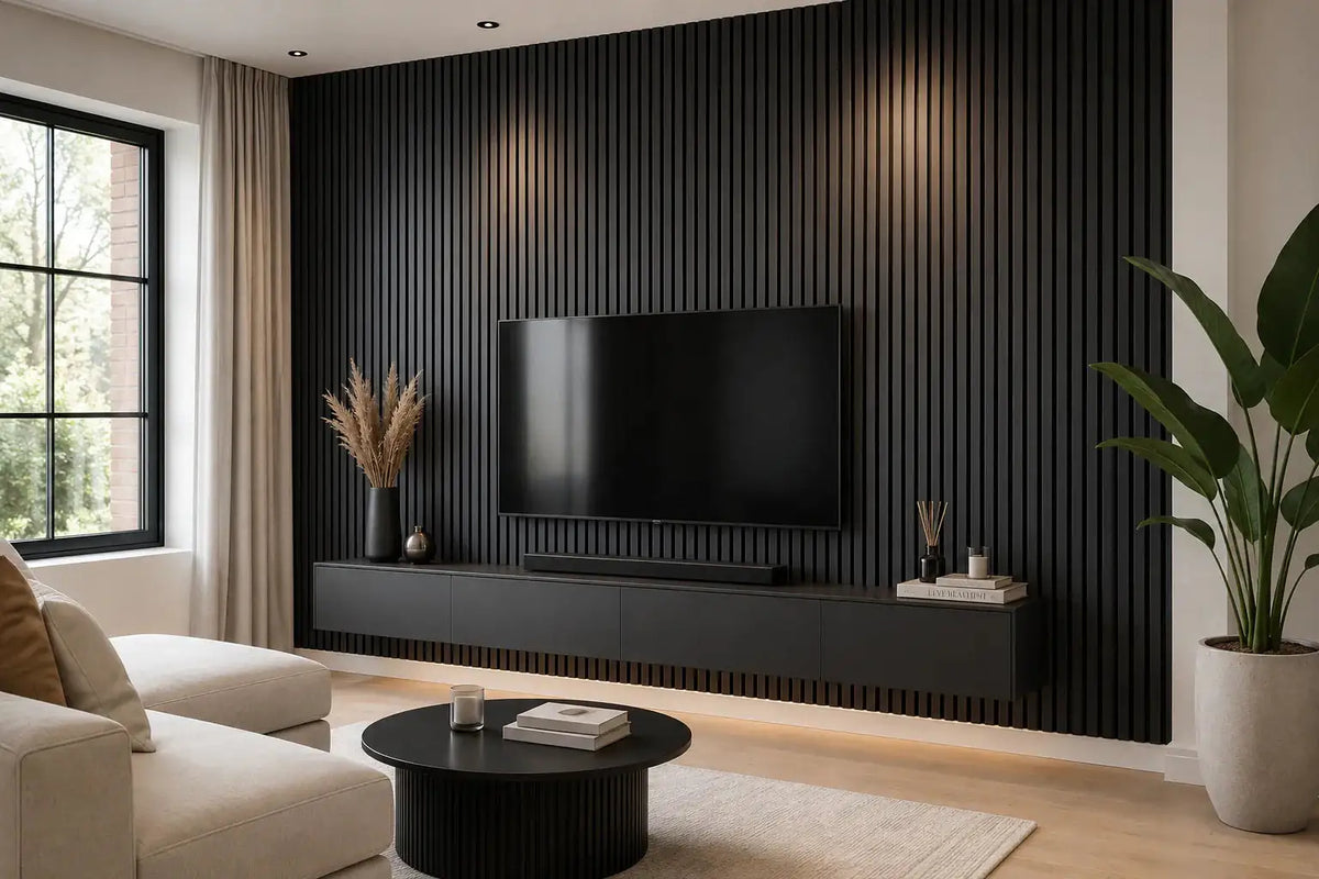 Akupanel Antraciet houten latten detail | Elite Decoration