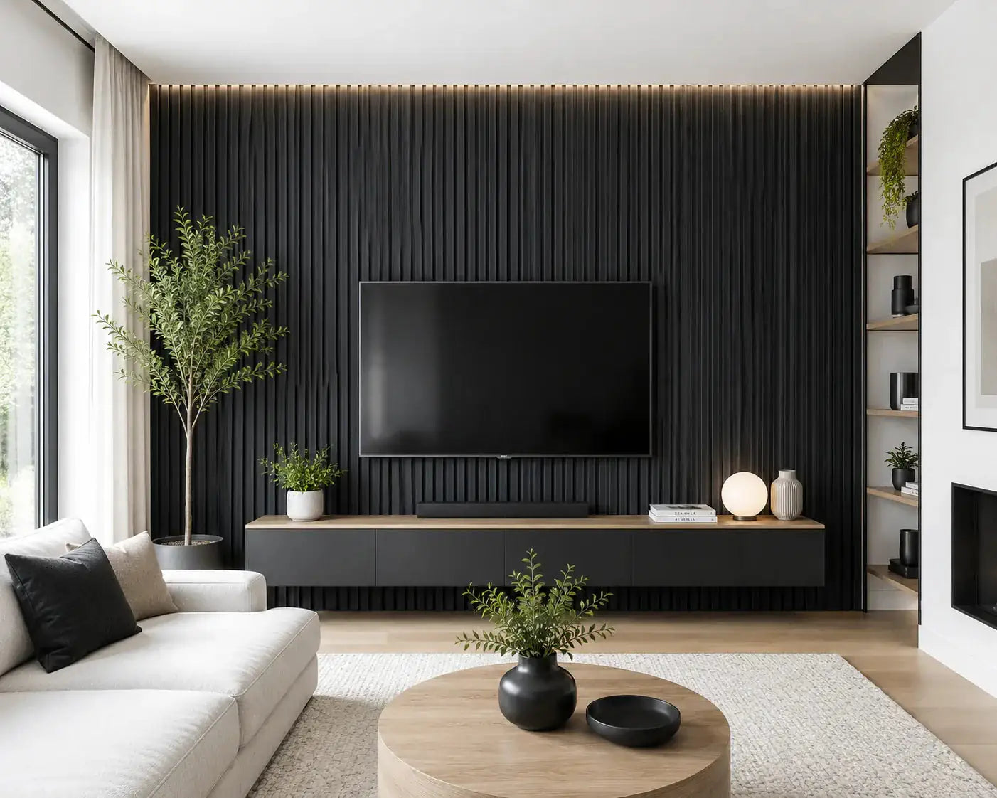 Akupanel Black zwarte lattenwand woonkamer | Elite Decoration