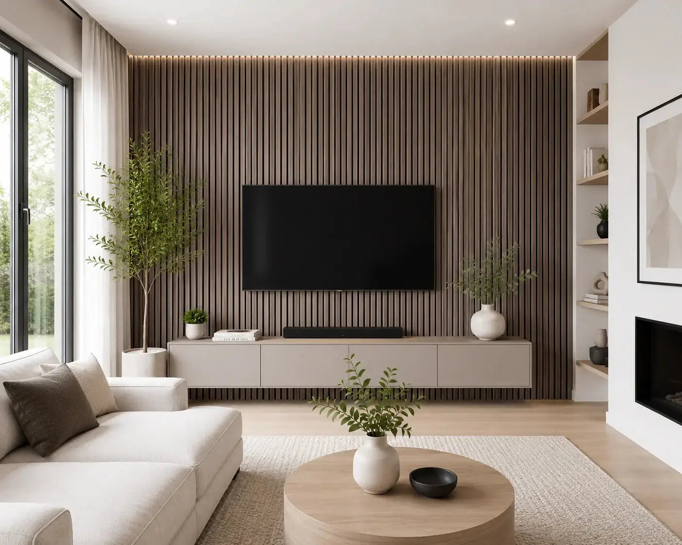 Akupanel Donkerbruin lattenwand woonkamer | Elite Decoration