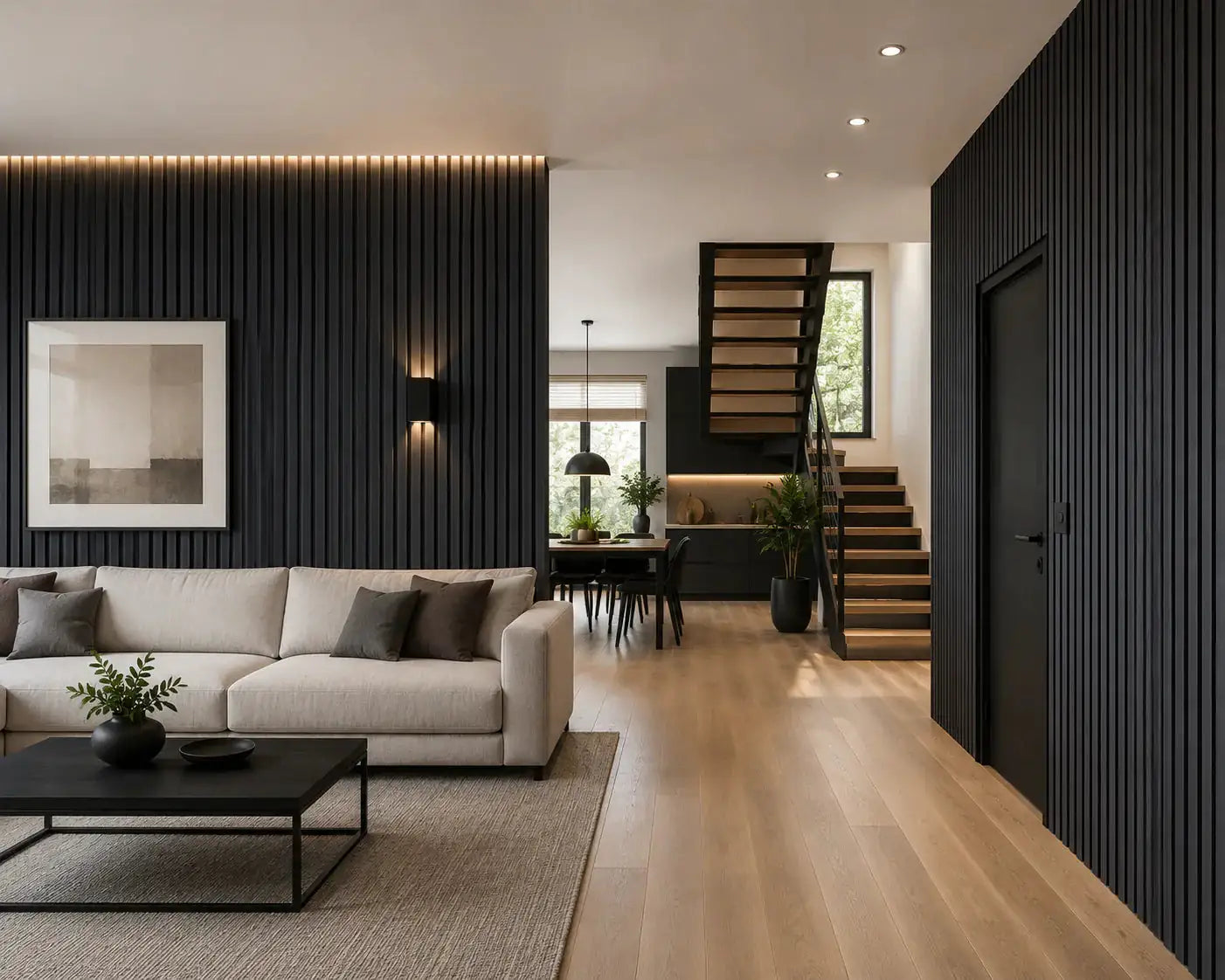 Akupanel Licht Antraciet lattenwand woonkamer installatie | Elite Decoration