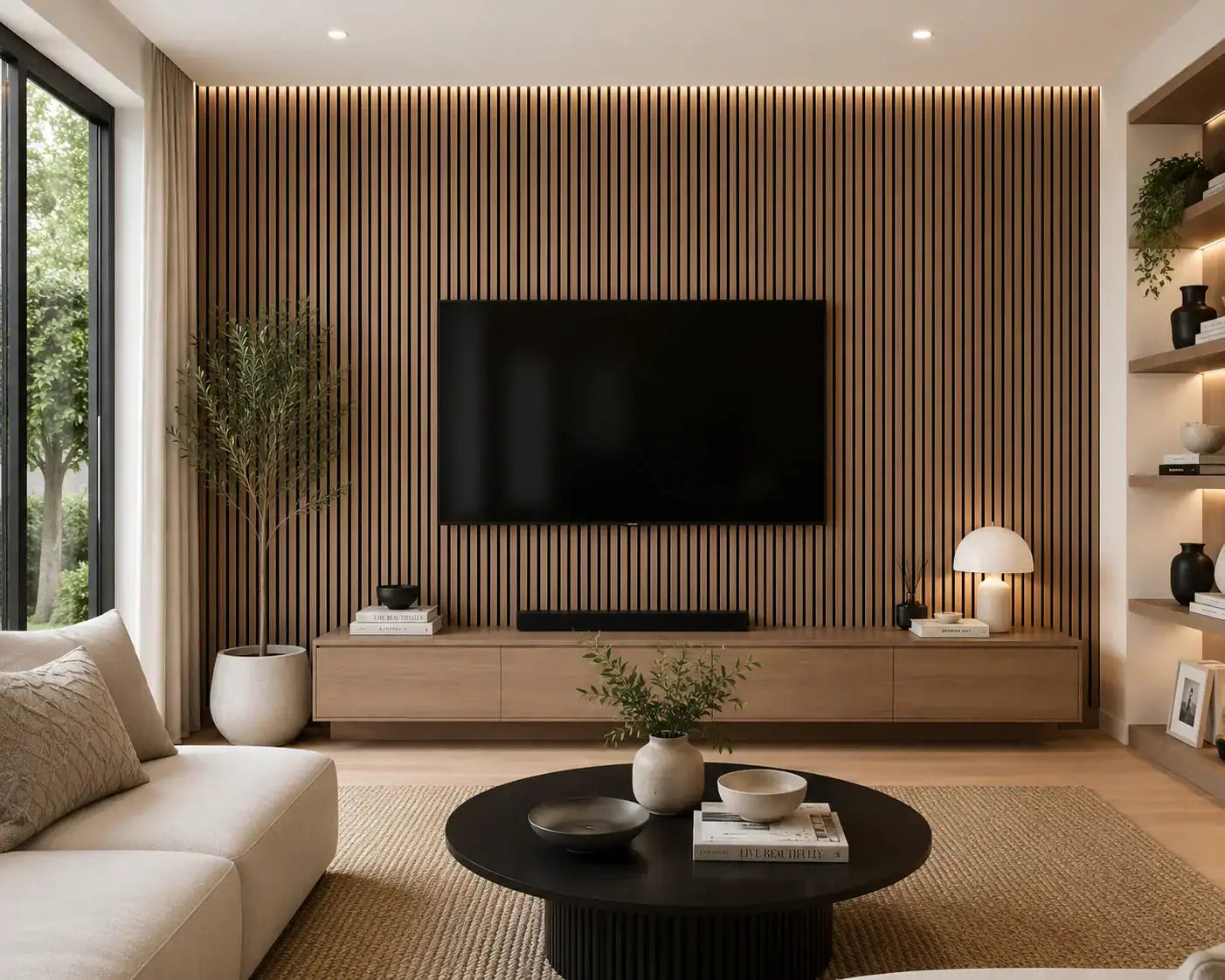 Akupanel Rustiek Walnoot lattenwand woonkamer | Elite Decoration