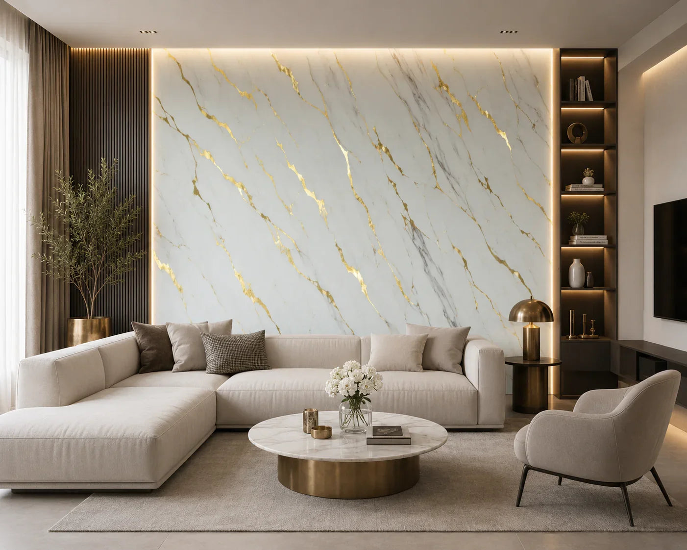 Goud Calacatta marmerlook wandpaneel sfeer interieur | Elite Decoration