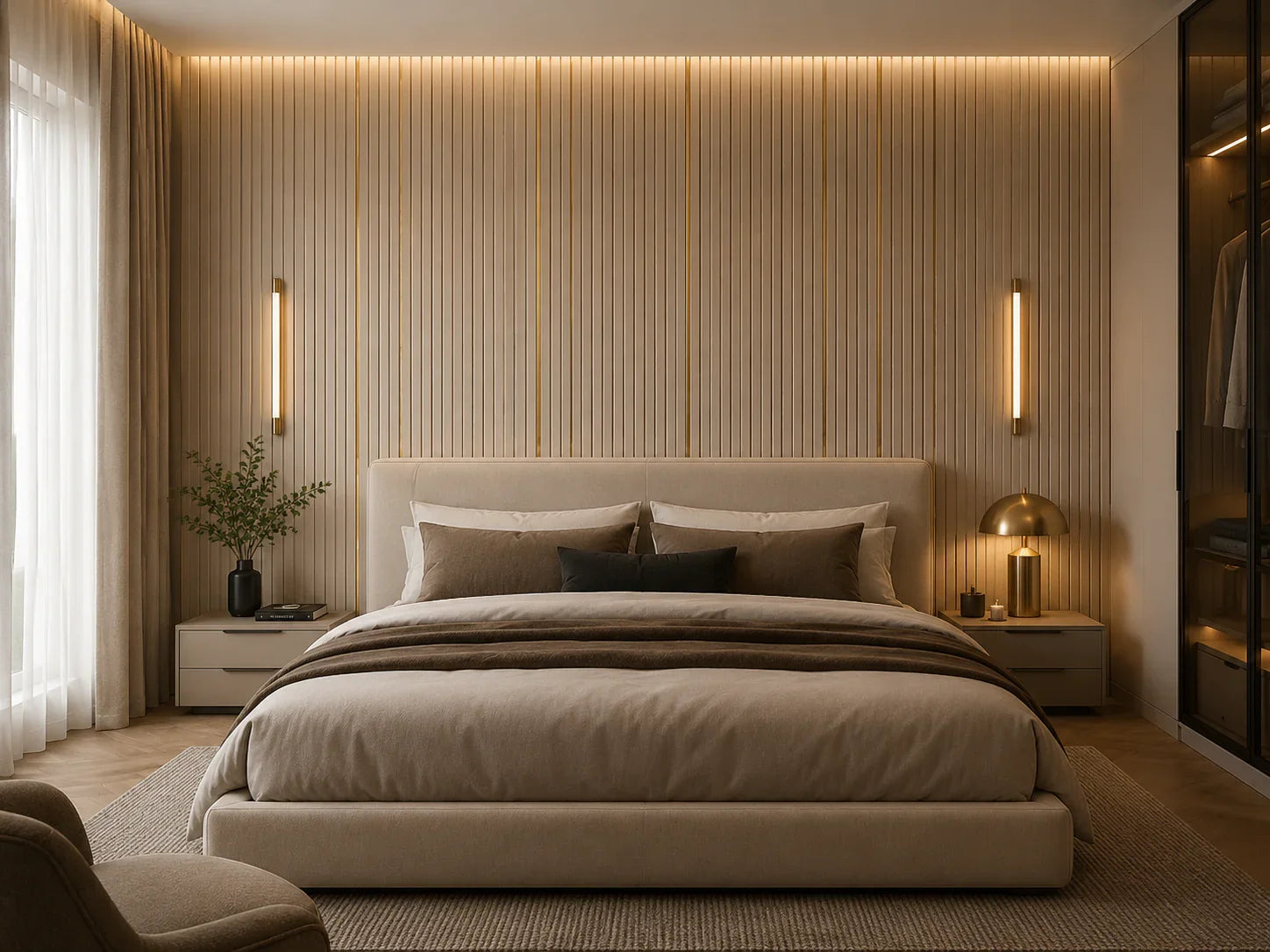 Beige & Goud kunststof wandpaneel gemonteerd | Elite Decoration