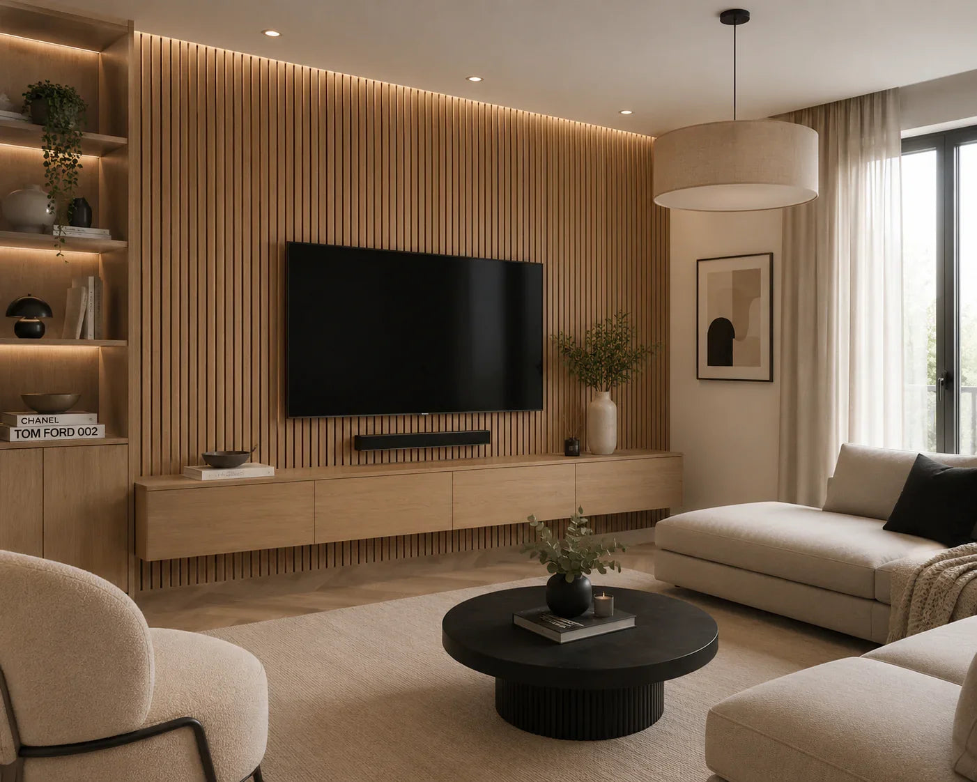 Licht Walnoot kunststof wandpaneel gemonteerd interieur | Elite Decoration