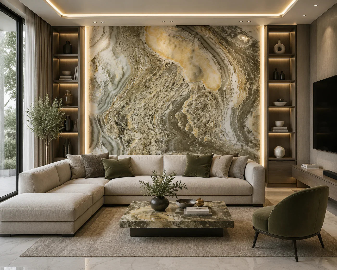 Onyx Green marmerlook wandpaneel sfeer interieur | Elite Decoration