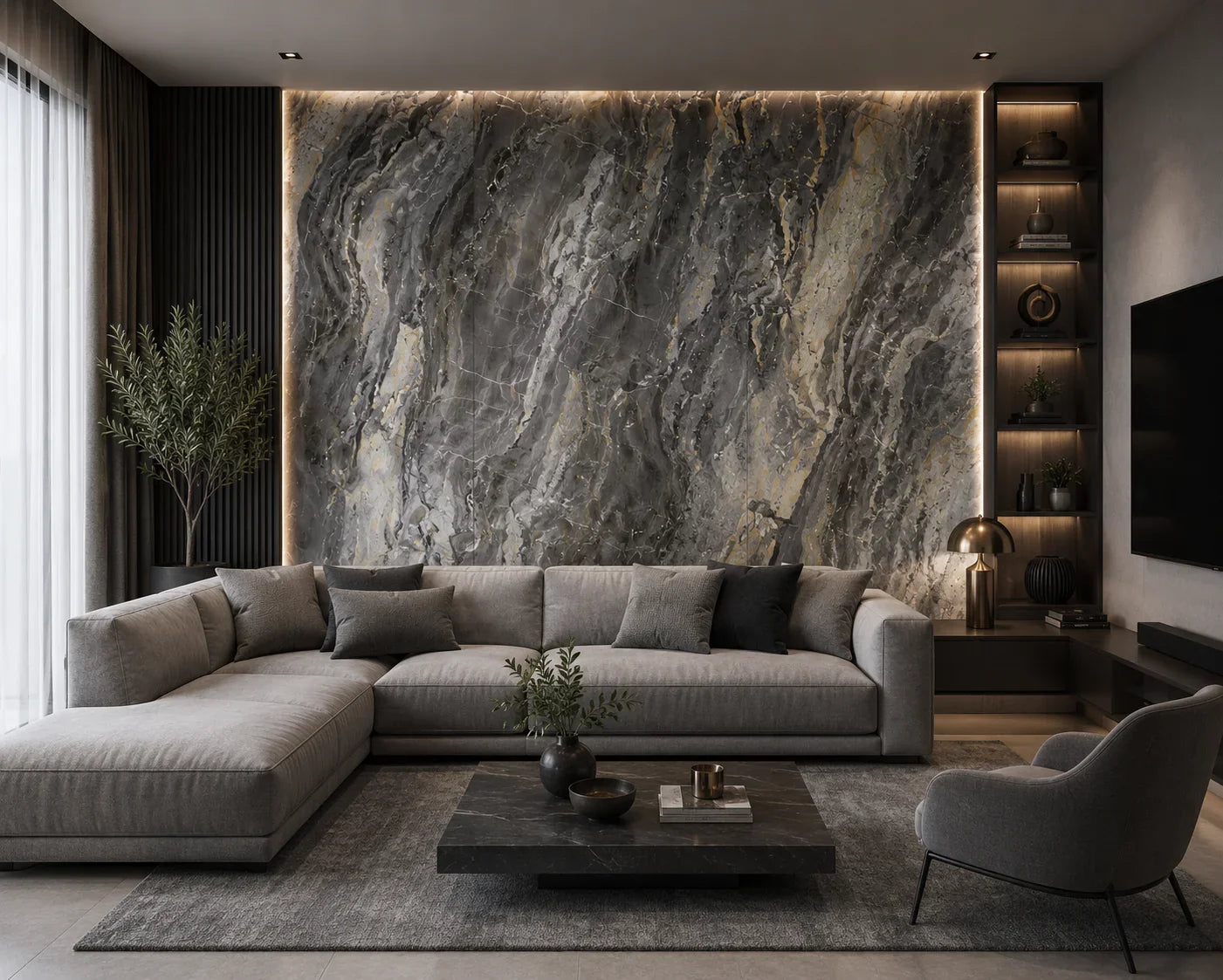 Shadow Stone marmerlook wandpaneel gemonteerd | Elite Decoration