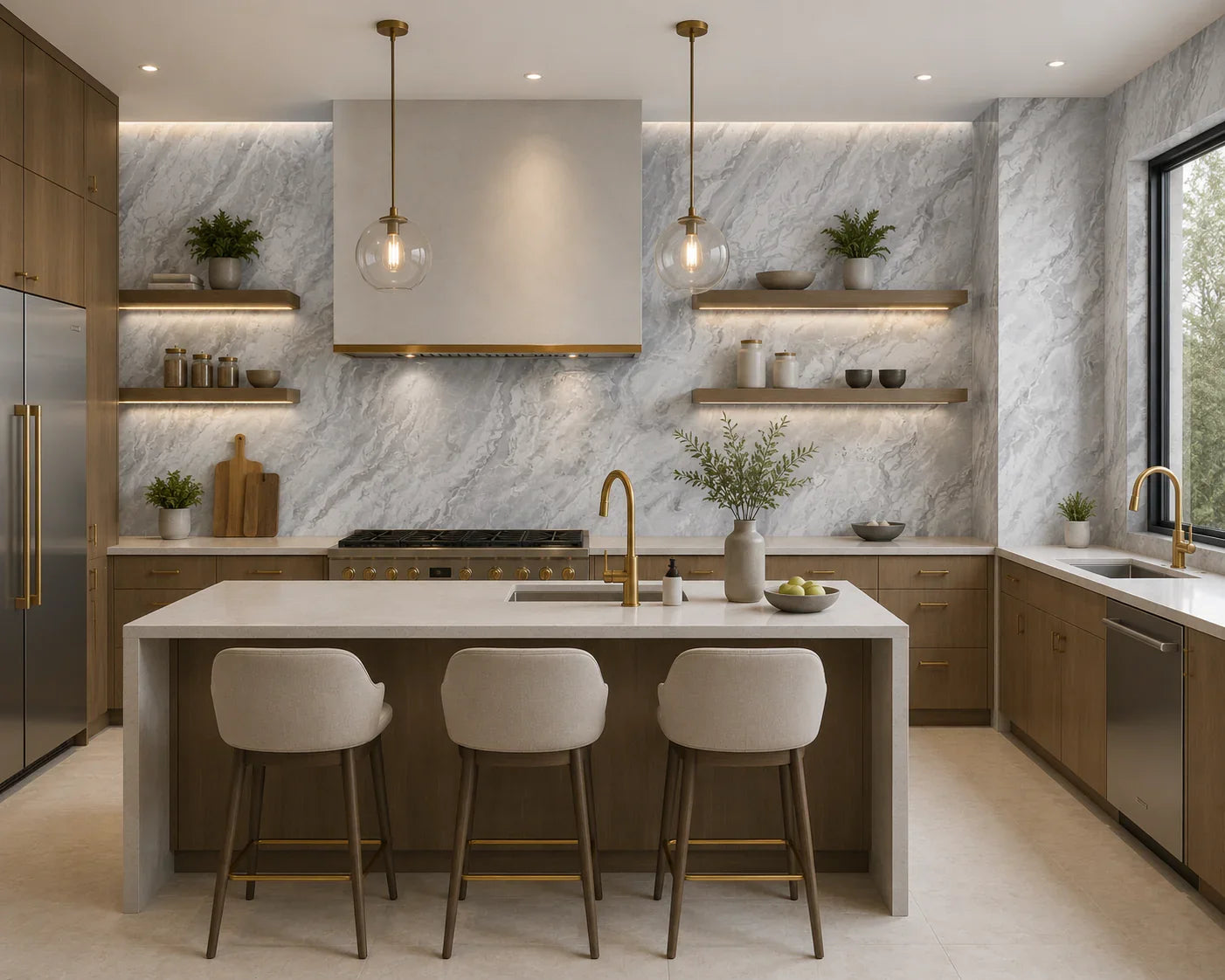 Gletsjergrijs Hoogglans marmerlook wandpaneel gemonteerd | Elite Decoration