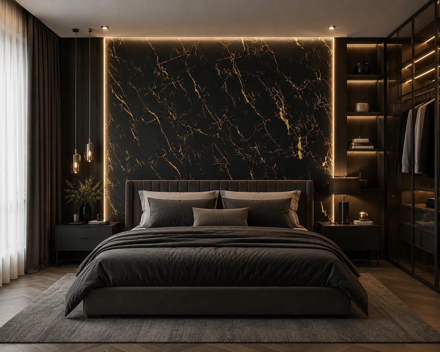 Gold Black marmerlook wandpaneel gemonteerd badkamer | Elite Decoration