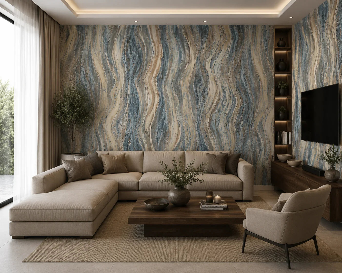 Ocean Waves marmerlook wandpaneel sfeer badkamer | Elite Decoration