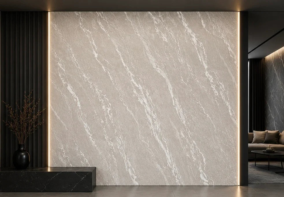 Beige Calacatta SPC wandpaneel gemonteerd interieur | Elite Decoration
